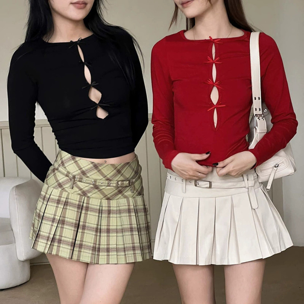 Zara Fall Solid Color Round Neck Long Sleeve Cutout Bow Top